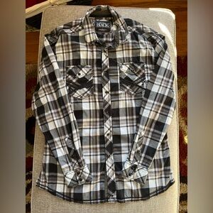 Buckle Black Relaxed Fit Long Sleeve Gray/Black Plaid Pearl Snap